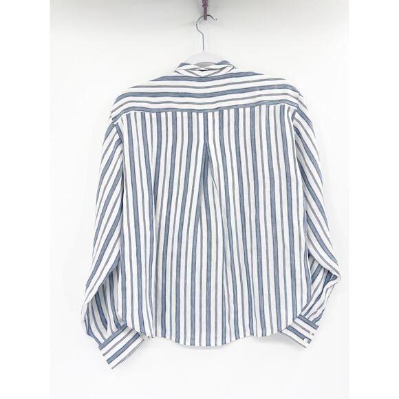 FRAME Stand Collar Striped Linen Blend Shirt In Blue XS - Picture 6 of 6